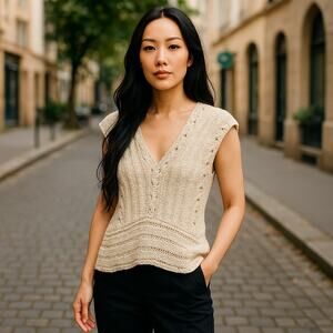 Amano Hand Knit Sweater Spain Open Weave Double V Neck Cream Small